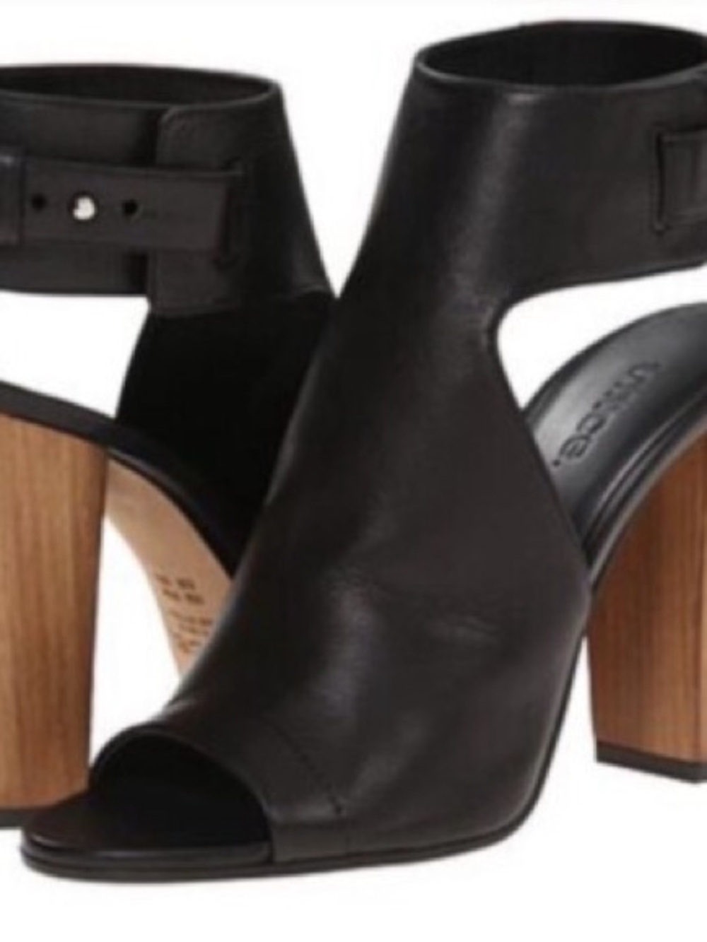 Vince Black Leather Peep-Toe Ankle Strap Block Heels